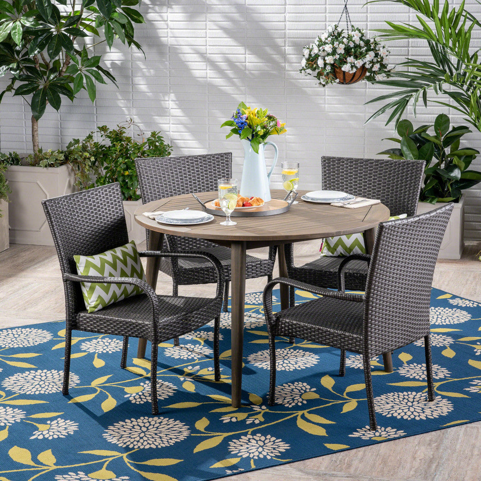 GDF Studio 5-Piece Ivey Outdoor Wood and Wicker Dining Set, Gray Finish/Gray