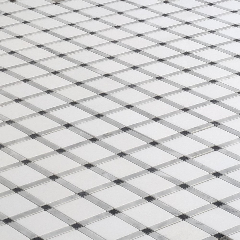 Thassos White Marble Diamond Lattice Mosaic Tile Carrara Black Polishe, 1 sheet