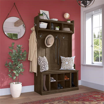 Woodland 40W Hall Tree and Shoe Bench w/ Shelves in Ash Brown - Engineered Wood