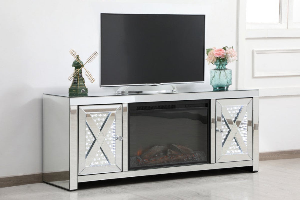 Elegant MF98904-F1 Raiden 59" LED Mirrored Tv Cabinet With Wood Fireplace