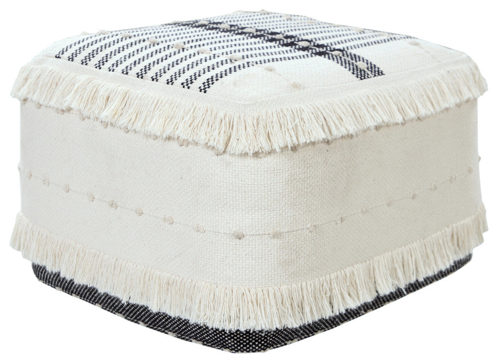 Black and Ivory Farmhouse Chic Shag Stripe Pouf Ottoman