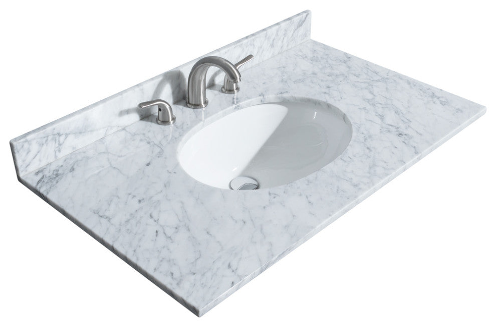 36" Single Bath Vanity, White, Carrara Countertop, Sink, Gold Trim, 24" Mirror