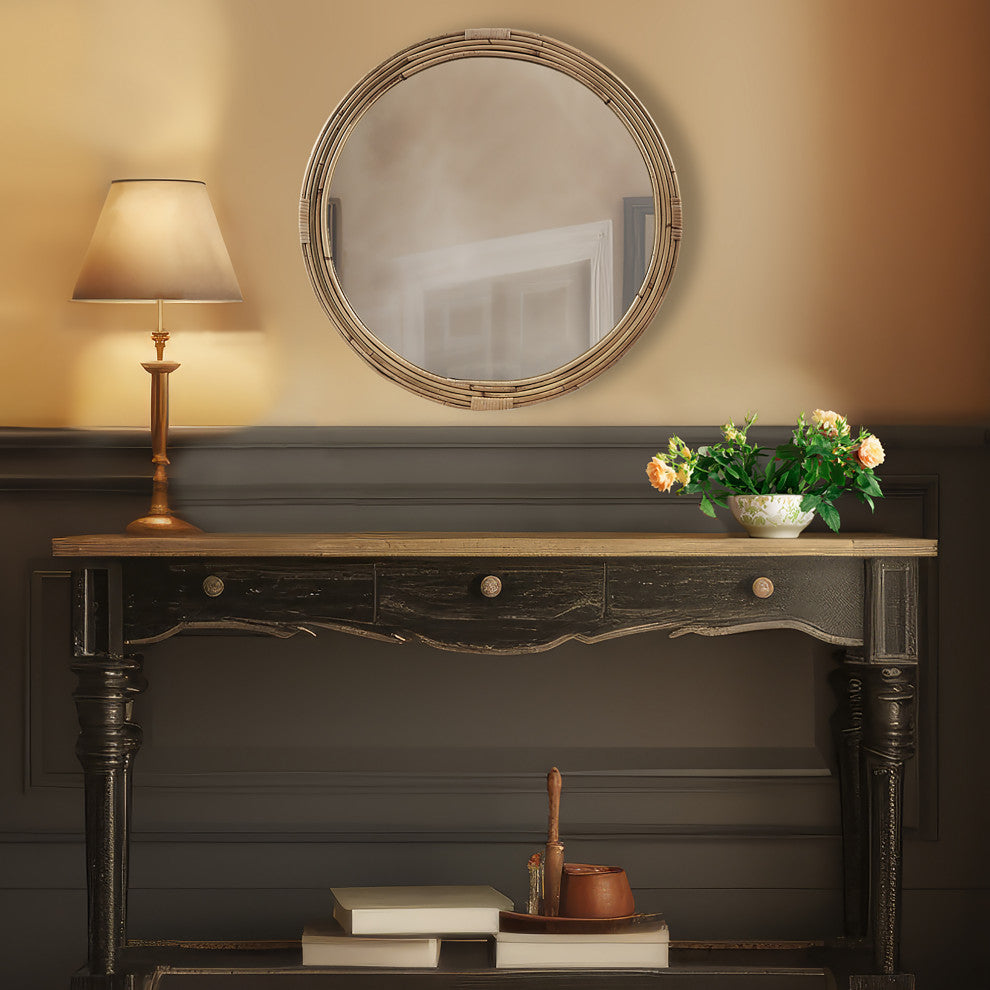 Martha Stewart Luna Natural Rattan Round Wall Mirror, Natural