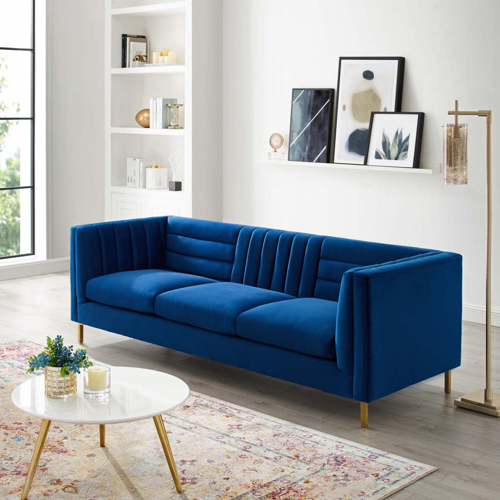 Modern Designer Lounge Lobby Sofa, Velvet Fabric Metal Steel, Navy Blue
