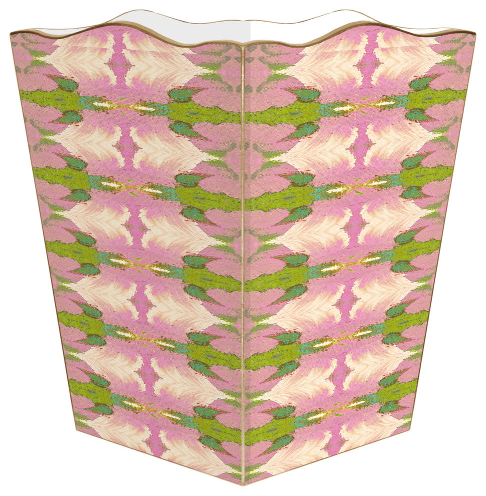 WB526LP-Laura Park Cabana Pink Wastepaper Basket, Scalloped Top and Wood Tissue Box Cover