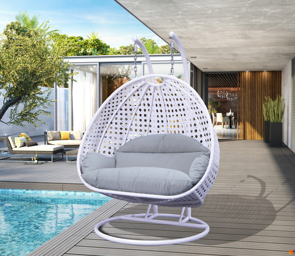 2 Person White Wicker Double Hanging Egg Swing Chair, Light Gray