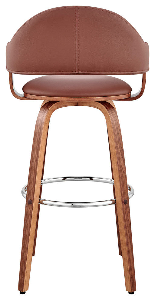30" Rich Brown Faux Leather Walnut Wood Bar Stool