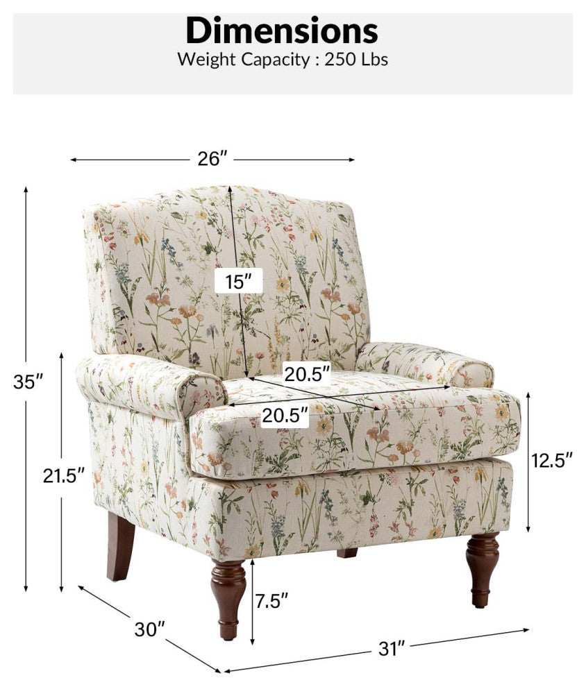 Armchair,Upholstered armchair with floral pattern, mid-century style., Spring