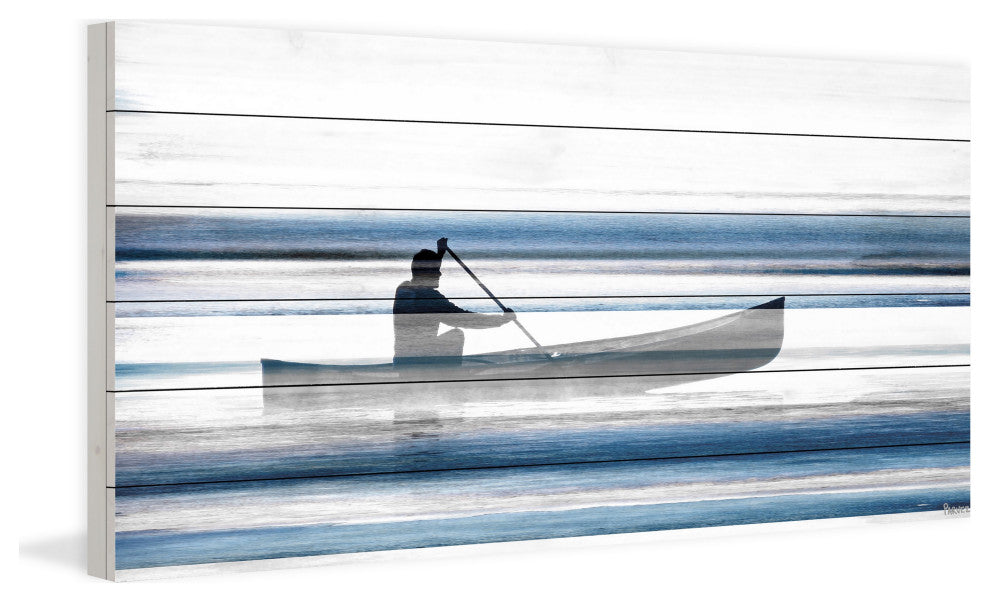 "Blue Lake Canoe II" Painting Print on White Wood, 36"x18"