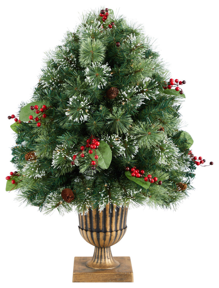 3' Holiday Pre-Lit Snow Tip Greenery, Berries and Pinecones Christmas Plant