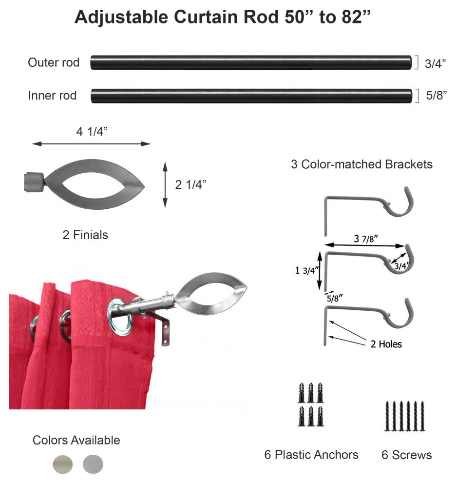 2 Pack Adjustable 3/4" Single Window Curtain Rod 50" to 82", Silver