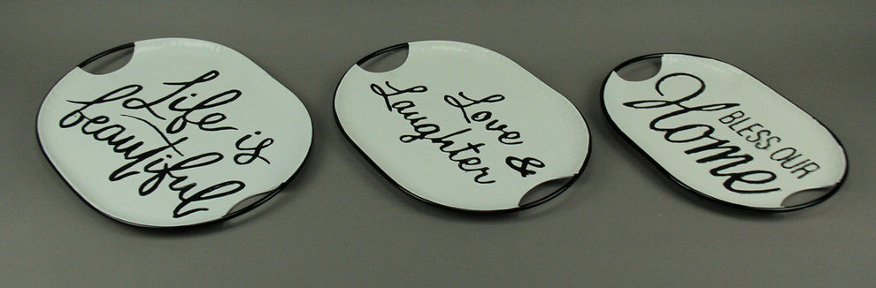 Black and White Decorative Metal Trays With Life Love and Home Wording Set of 3
