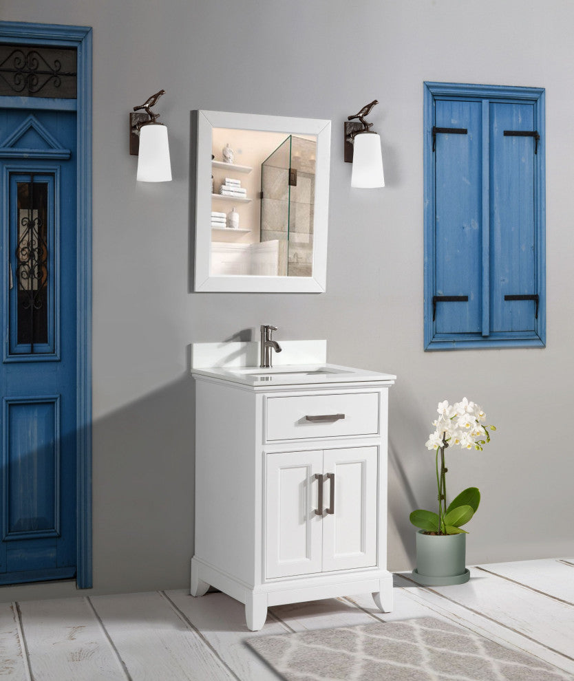 Bathroom Vanity Set With Engineered Marble Top, 24", White, Led Sensor-Switch Mirror