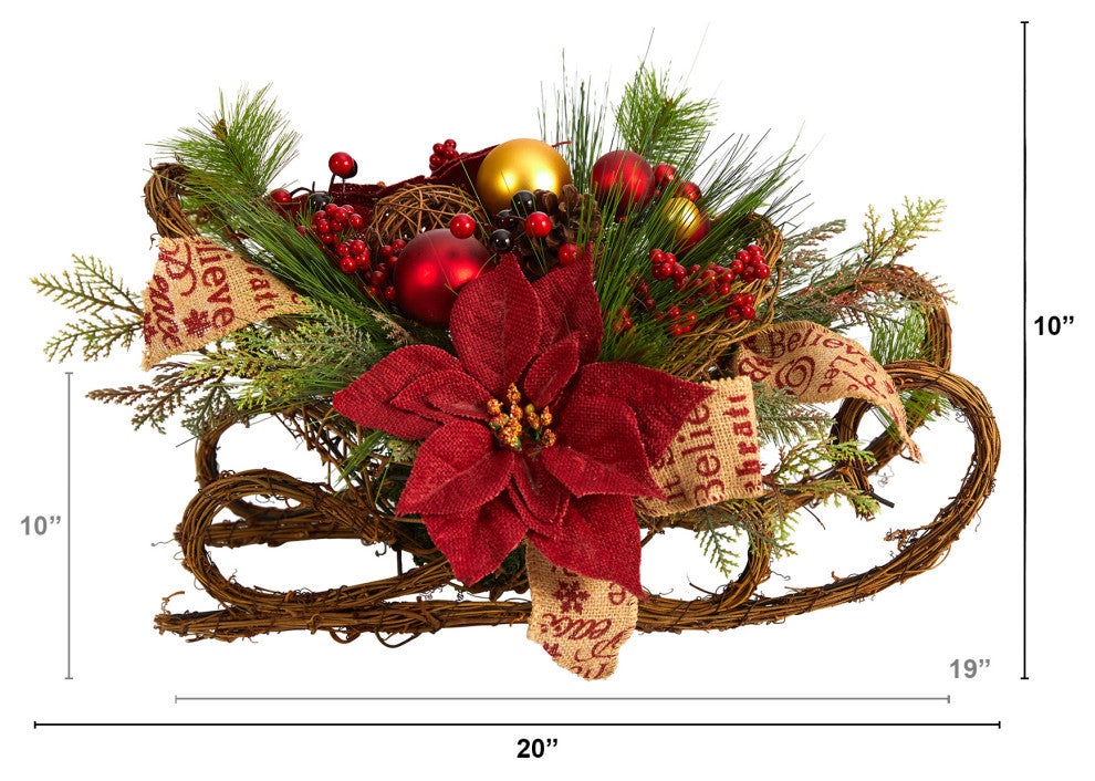 18" Christmas Sleigh With Poinsettia, Berries, Pinecone Arrangement