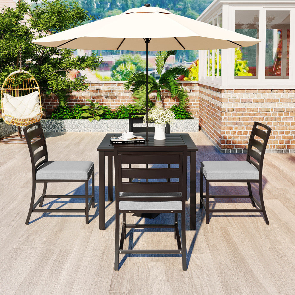 5-Piece Outdoor Steel Patio Dining Set with table and four chairs, Dark Brown