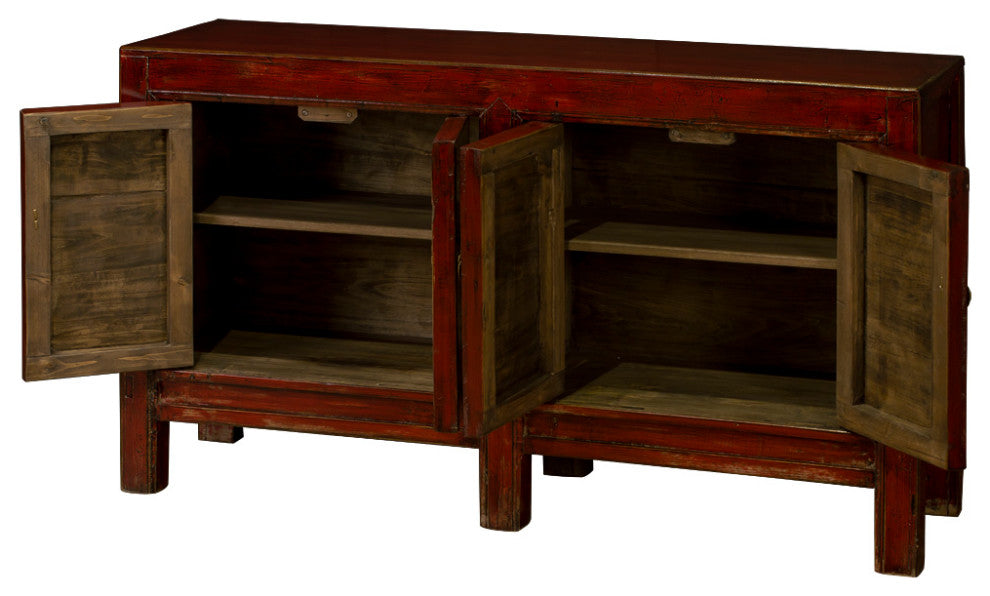 Hand Painted Flower Motif Distressed Red Yellow Blue Chinese Elmwood Sideboard