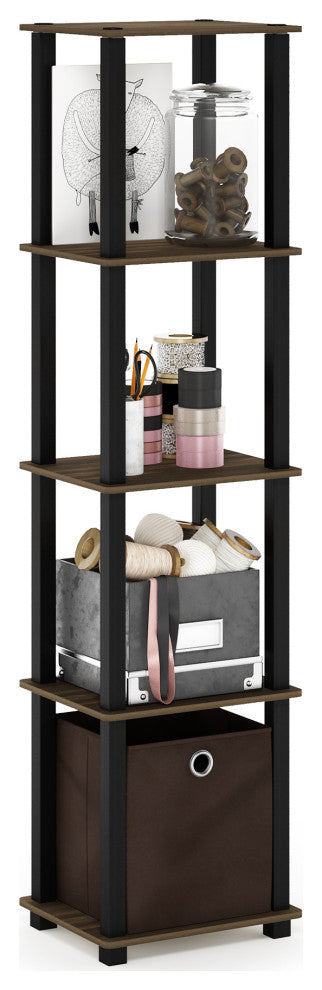 5-Tier Display Decorative Shelf with One Bin, Columbia Walnut/Black/Dark Brown