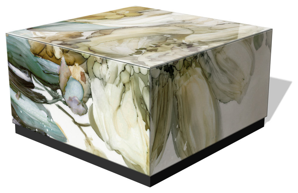 "Seaglass Garden II" Reverse Printed Glass Cocktail Table with Black Plinth Base