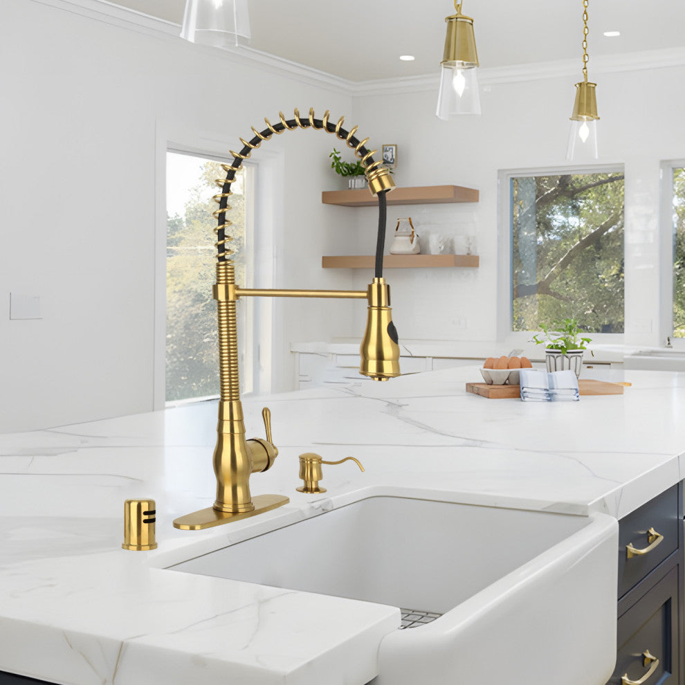 Copper Pre-Rinse Spring Kitchen Faucet with Pull Down Sprayer, Brushed Gold