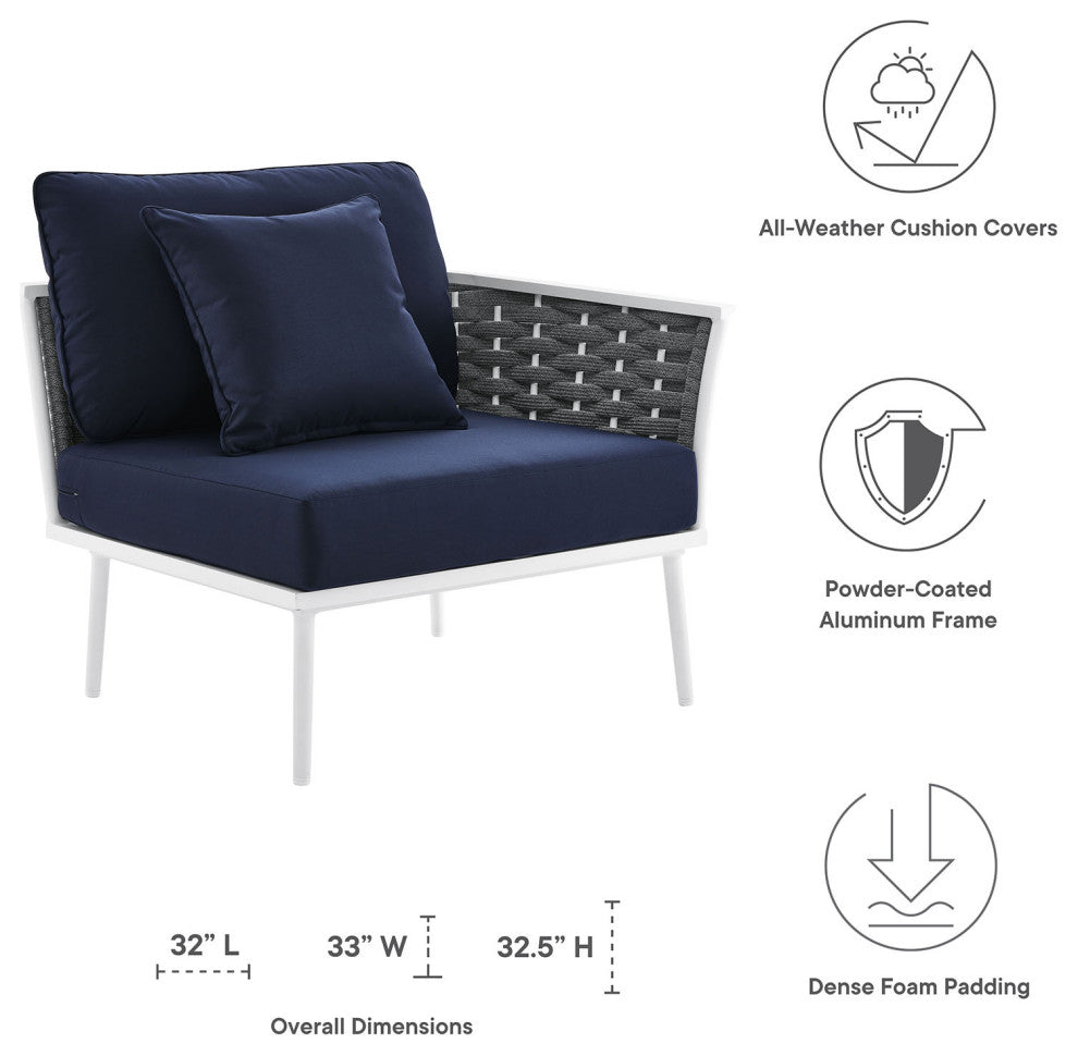 Lounge Chair, Navy White, Aluminum, Modern, Outdoor Patio Bistro Hospitality