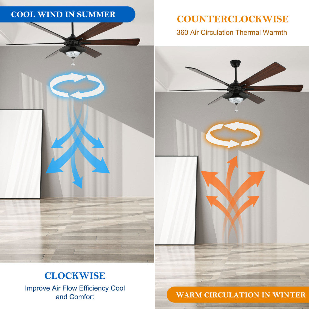 72" Antique Lagre Ceiling Fan, Wood Blades and LED Lights Kit w Crystal Shade, Gold