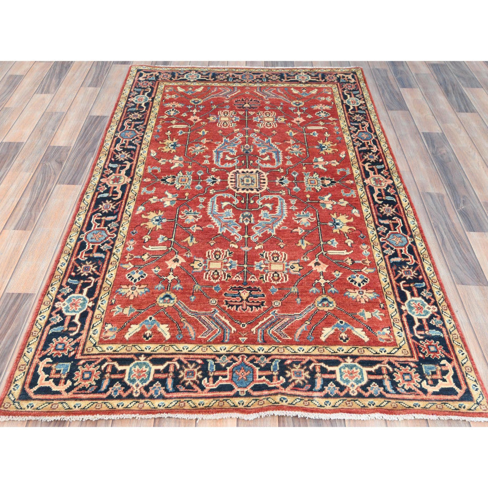 Fire Brick Afghan Peshawar Heriz Wool Hand Knotted Oriental Rug, 3'10"x6'