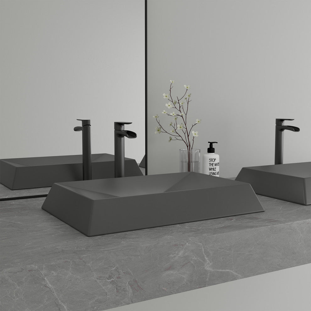 27in Bathroom Concrete Rectangular Vessel Sink with Drainer, Black Earth