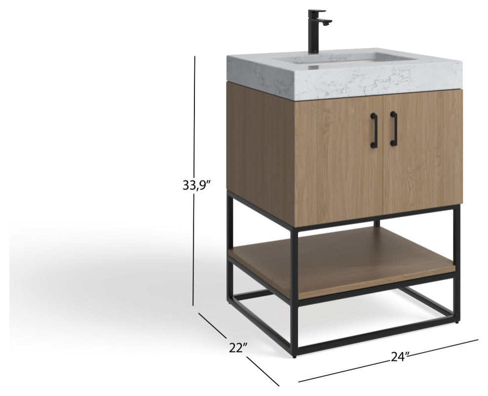 Bahia Bath Vanity, Oak, 24", Matte Black Hardware, Single, Freestanding