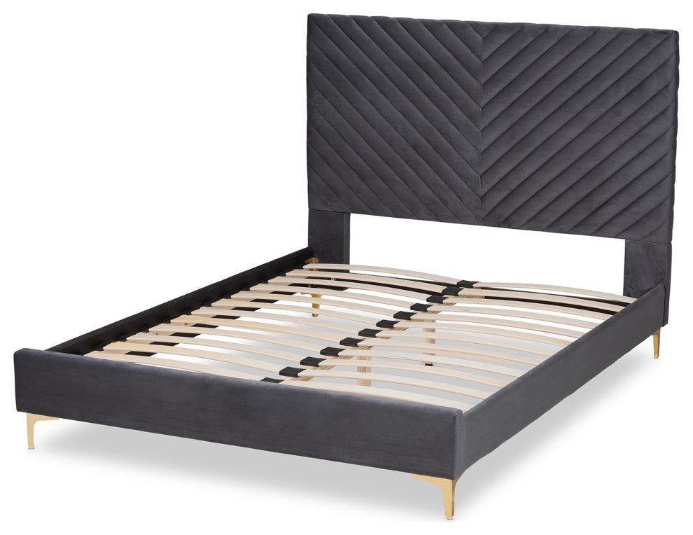 Sofi Glam and Luxe Velvet Upholstered Platform Bed, Gray/Gold, Queen