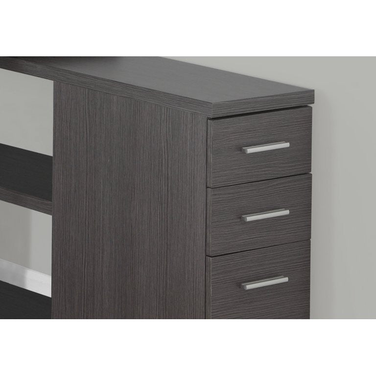 L-Shaped Desk, Silver Metal Legs With Slim Storage Drawers & Open Shelves, Gray