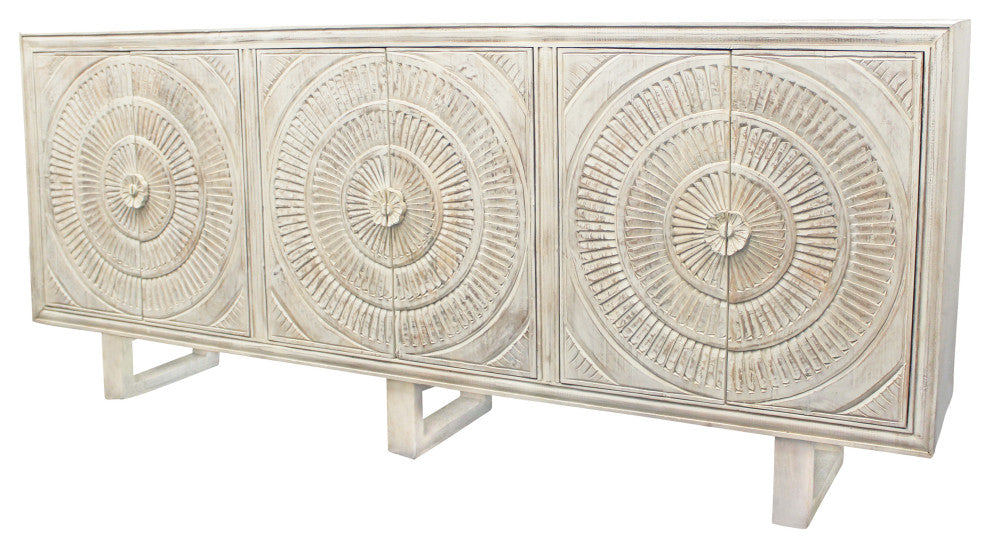 Albert Sideboard, 6-Hand Carved Doors, White Distressed Finish