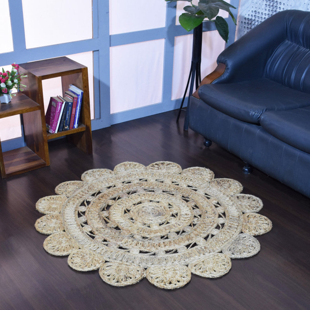 HAND WOVEN JUTE ECO-FRIENDLY SOLID AREA RUGS , Beige, Oriental, Outdoor Indoor, [Round] 5'x5'