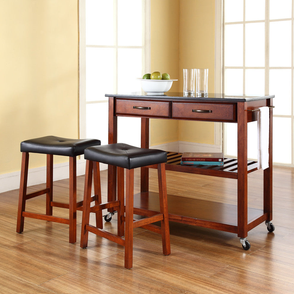 Solid Black Granite Kitchen Cart, Classic Cherry, 24" Upholstered Saddle Stools
