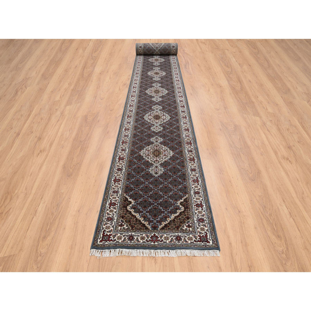 Light Gray Hand Knotted Tabriz Mahi Wool and Silk Runner Oriental Rug 2'6"x26'1"