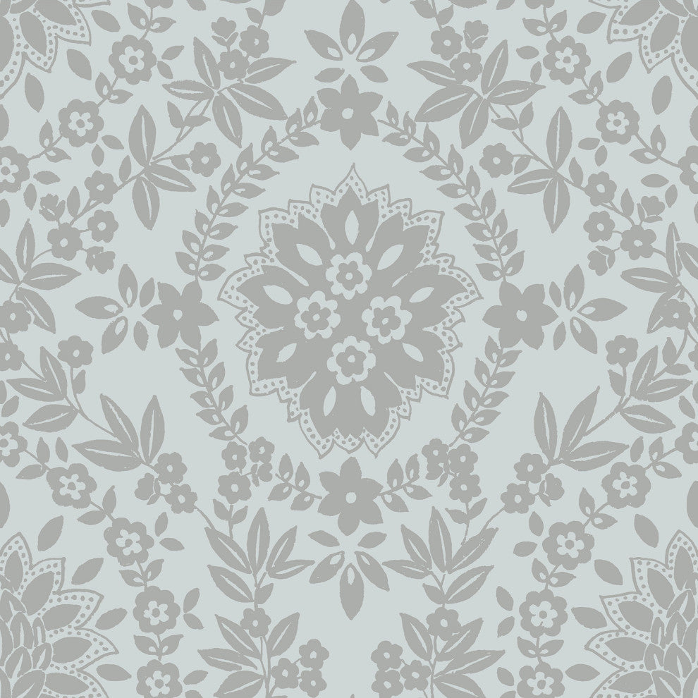 Blue & Silver Boho Baroque Damask Peel & Stick Wallpaper