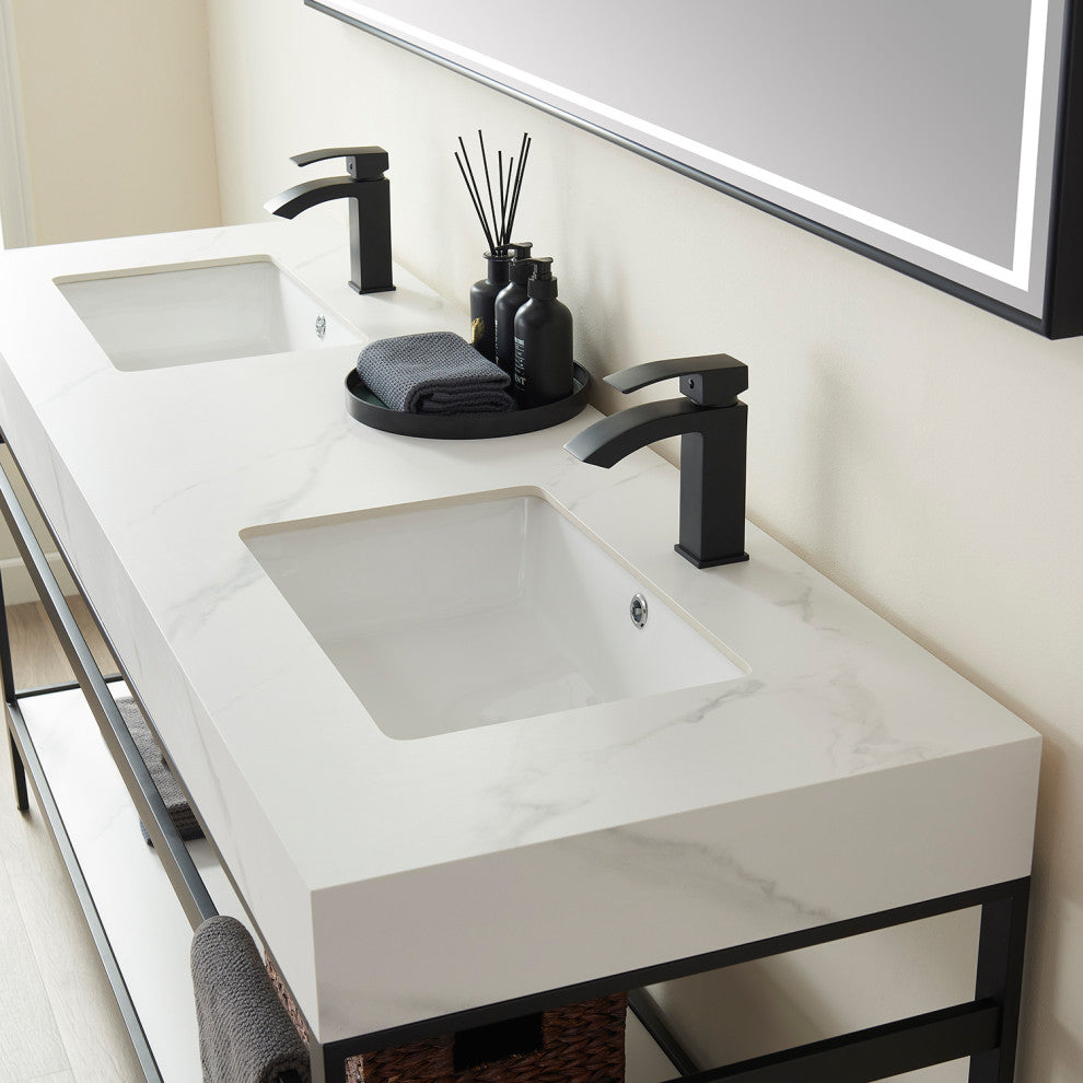 Funes Bath Vanity with Mirror, Matte Black Support, 72" Double Sink, White Stone Top