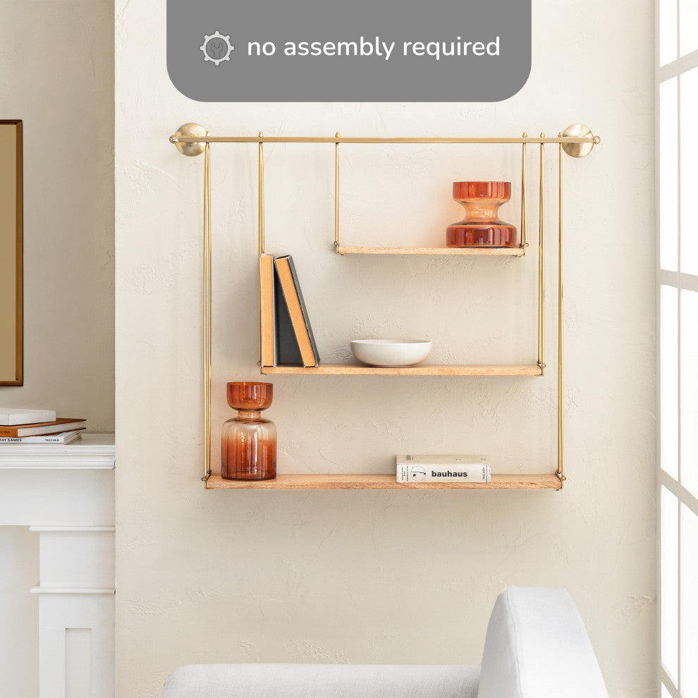 Luna Three Tier Wall Mounted Shelf, Gold, Natural Wood