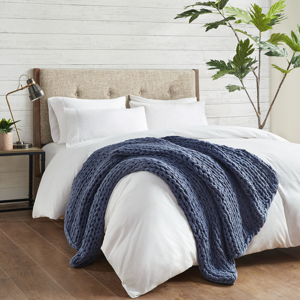 Madison Park Chunky Double Knit Handmade Throw Blanket, Blush, Navy Blue