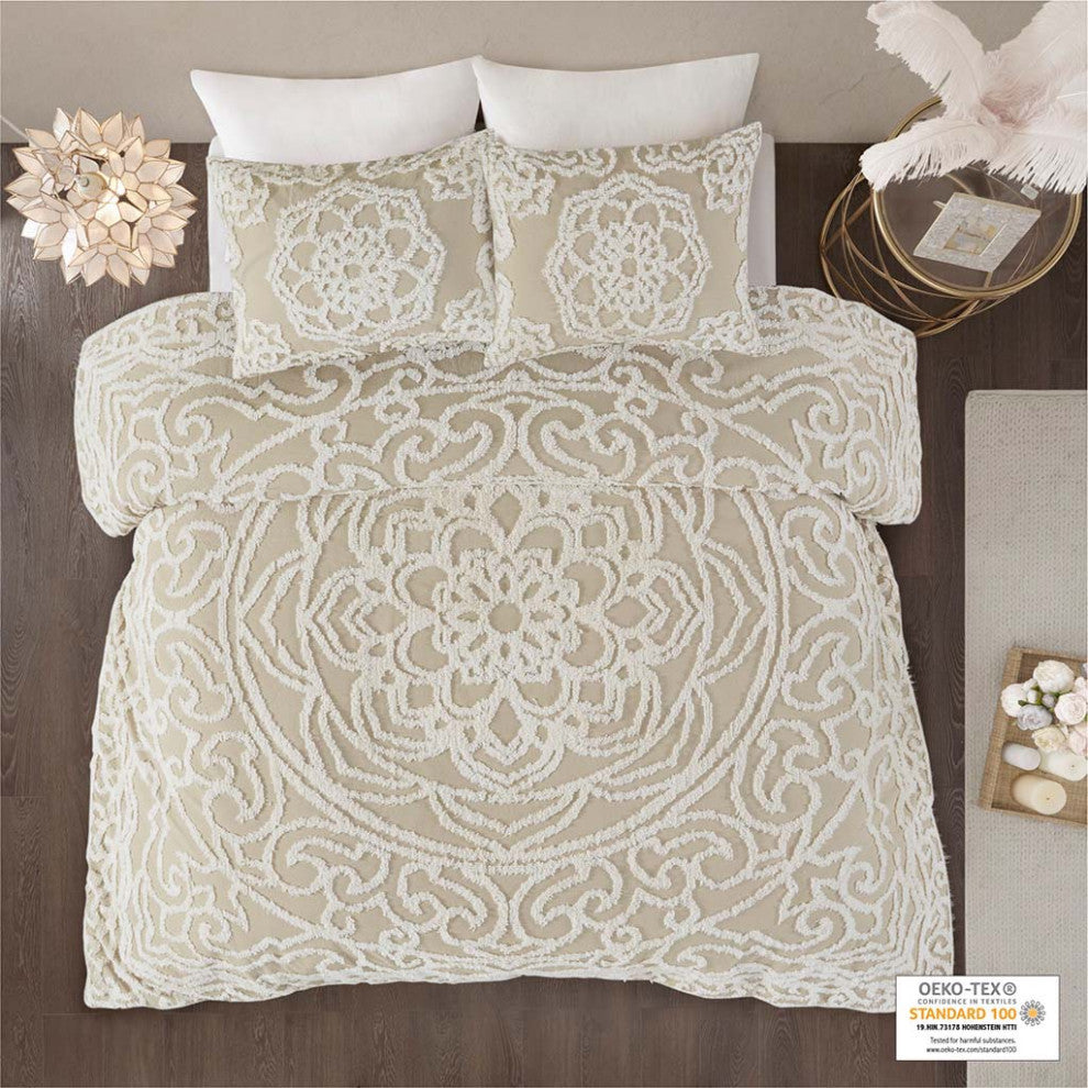 Madison Park Laetitia 3 piece Tufted Cotton duvet cover set, Taupe