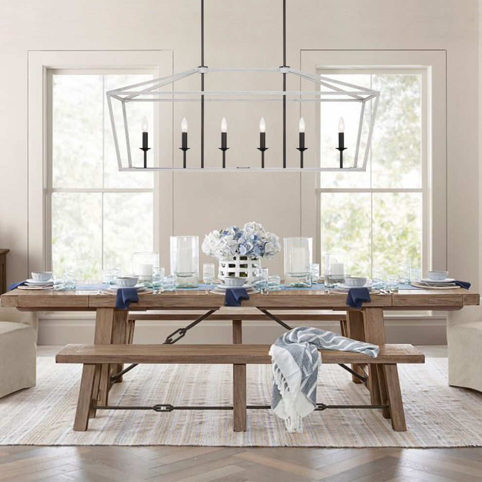 6 Light Kitchen Island Linear Pendant Chandelier, Crackle White+classic Black