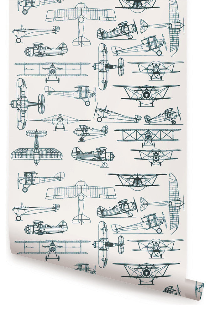 Airplanes Peel and Stick Vinyl Wallpaper, Slate Teal, 24"w X 60"h