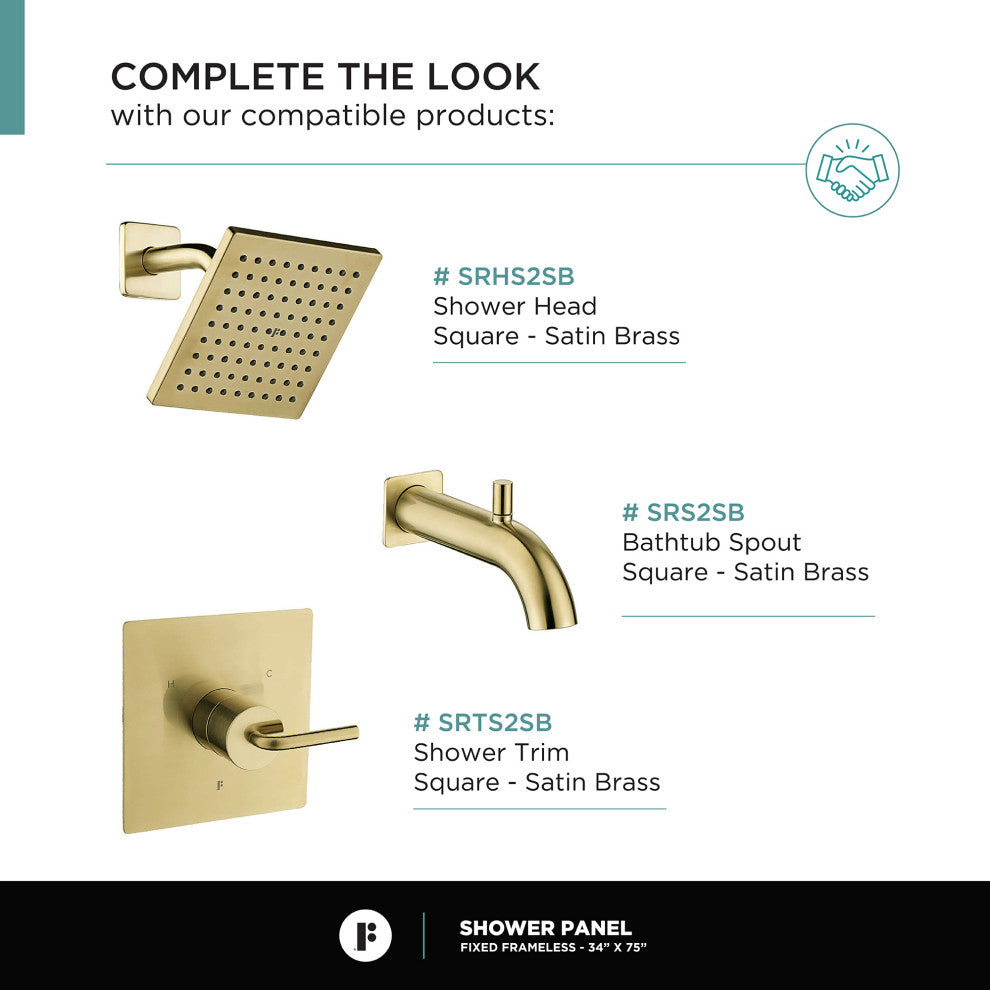 Single Fixed Glass Shower Panel - Clear Tempered Frameless Shower Glass Door, Satin Brass, 34"