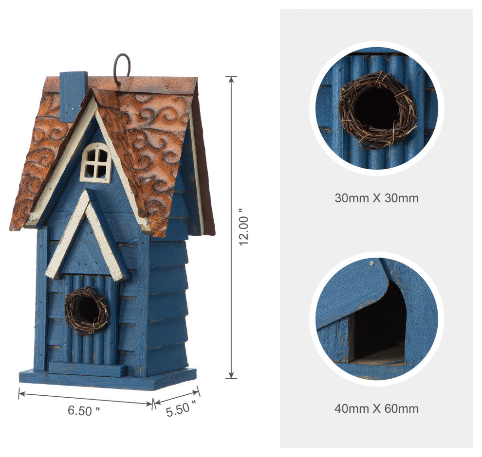 12"H Retro Blue Distressed Solid Wood Cottage Birdhouse
