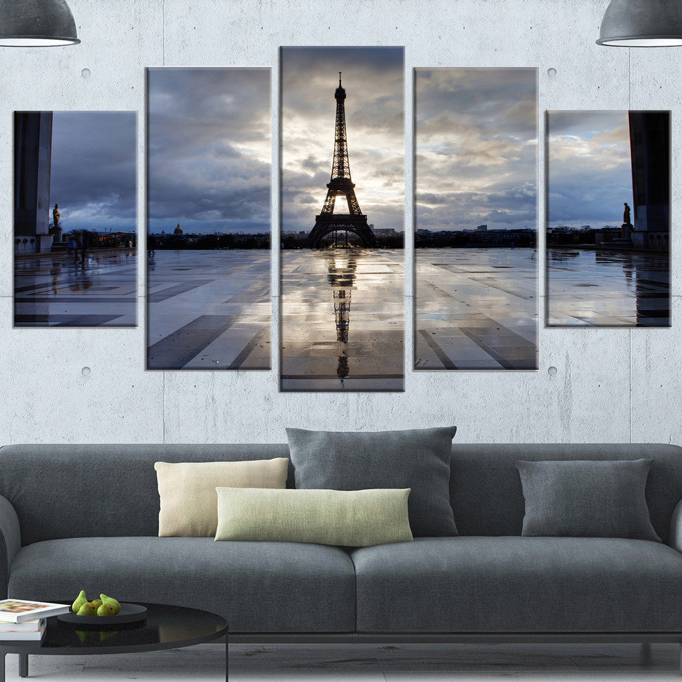 Reflection of Paris Eiffel TowerWith Clouds, White, Wall Art, 60"x32", 5 Panels