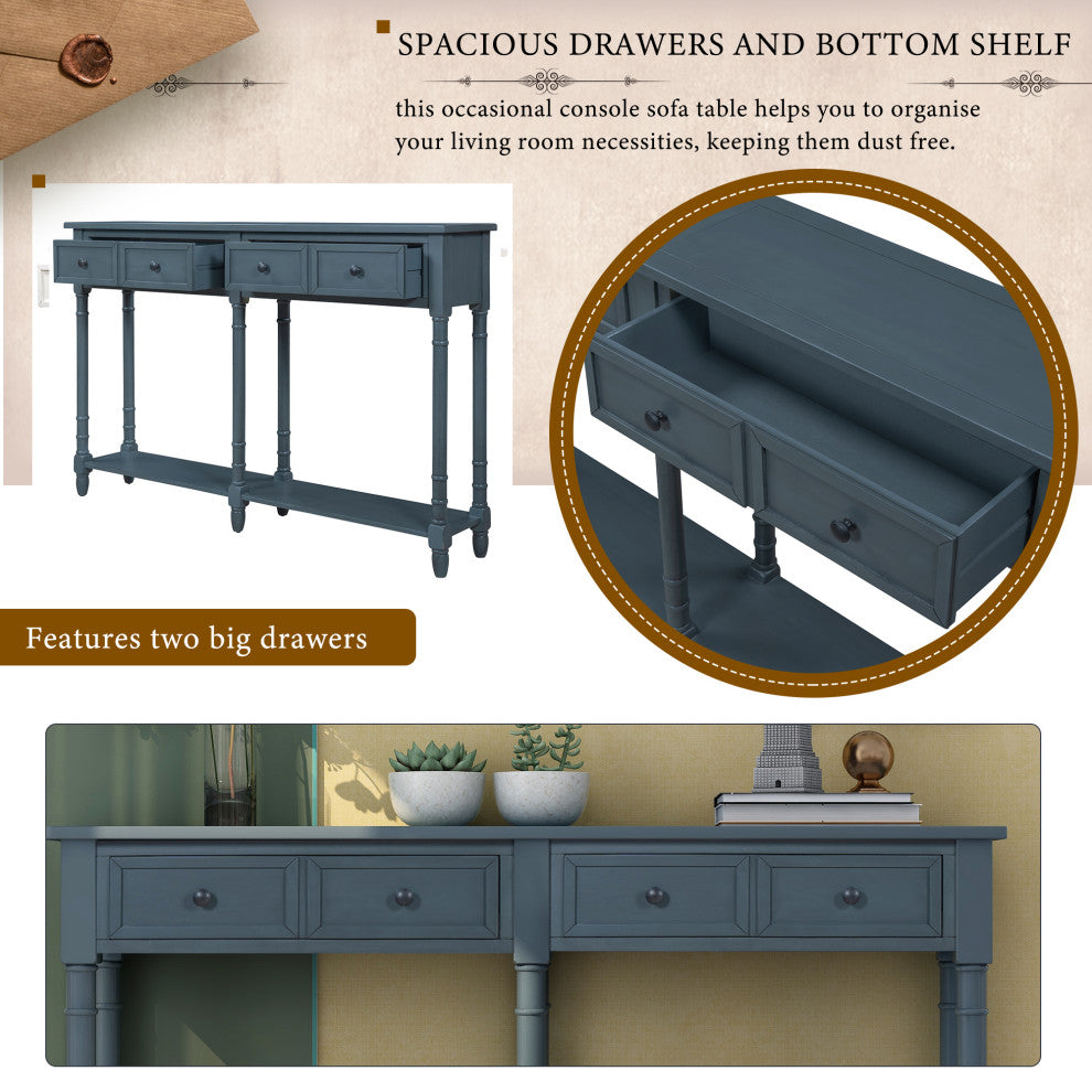 58" Two-Drawer Console Table Bottom Shelf for Living Room Antique Navy