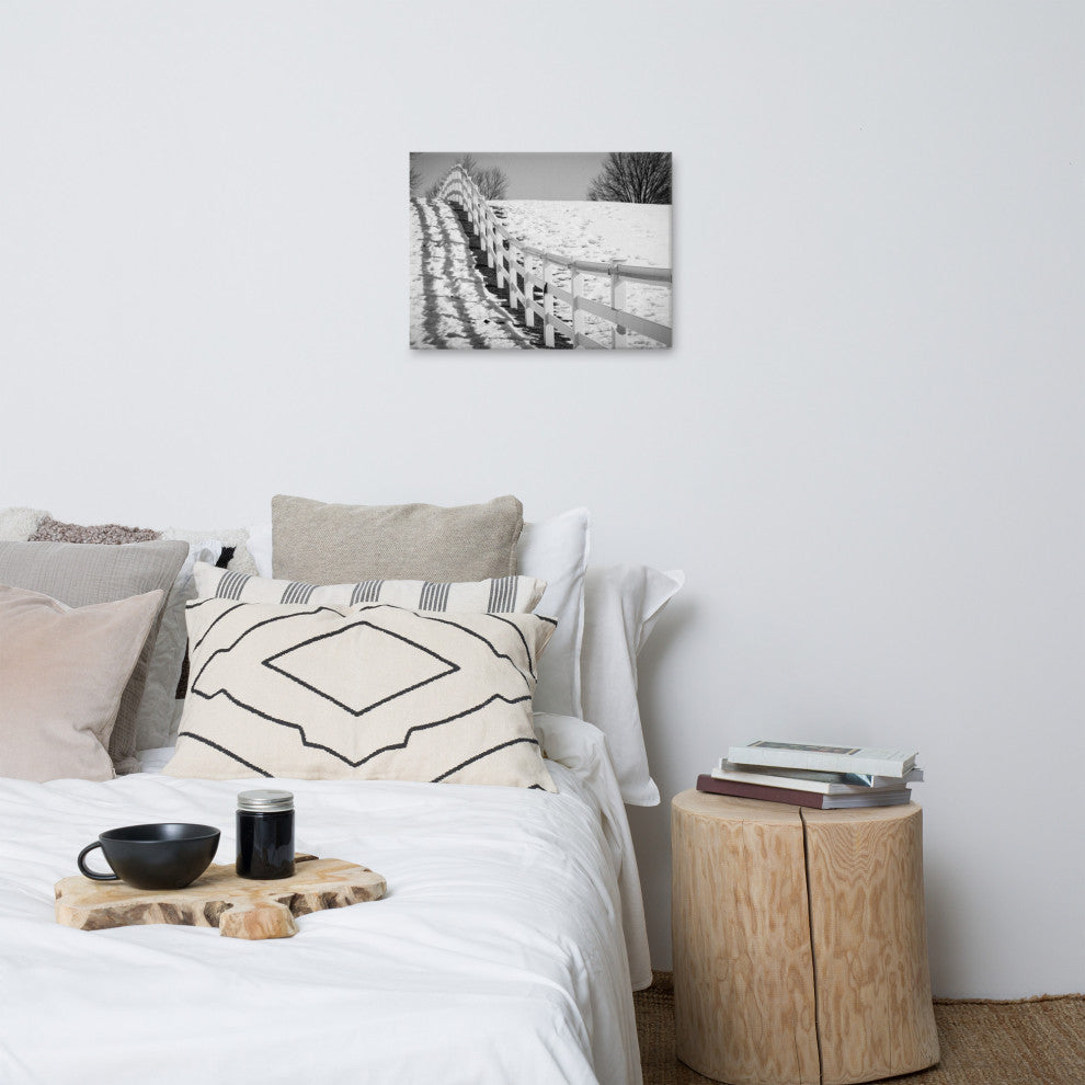 Endless Fence Rural Black & White Landscape Photo Canvas Wall Art Print, 18" X 24"