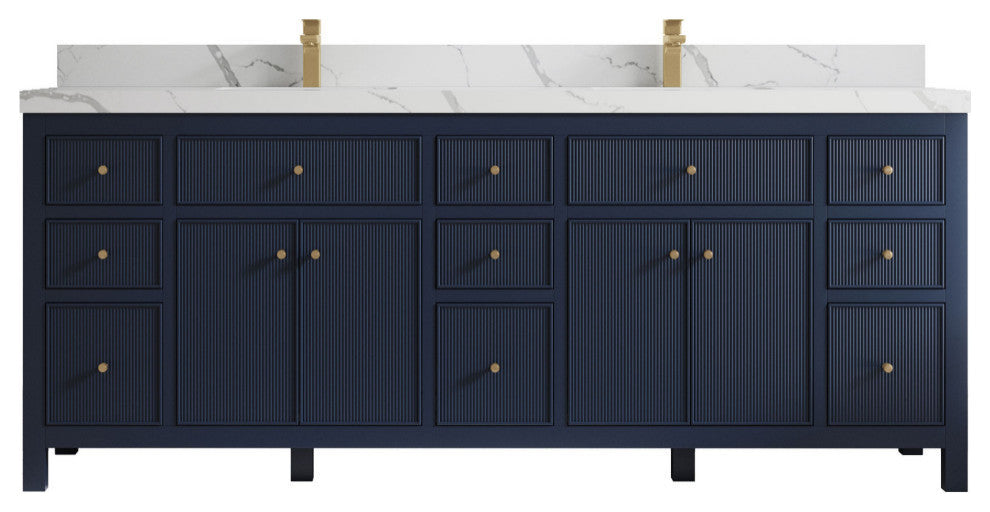 Sonoma 84 Double Sink Reeded Bath Vanity in Hale Navy Blue 2" Calacatta Laza