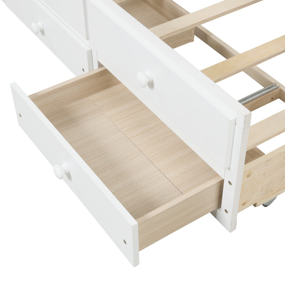 Full/Twin Wood Frame Platform Bed with Trundle and Drawers, White, Twin