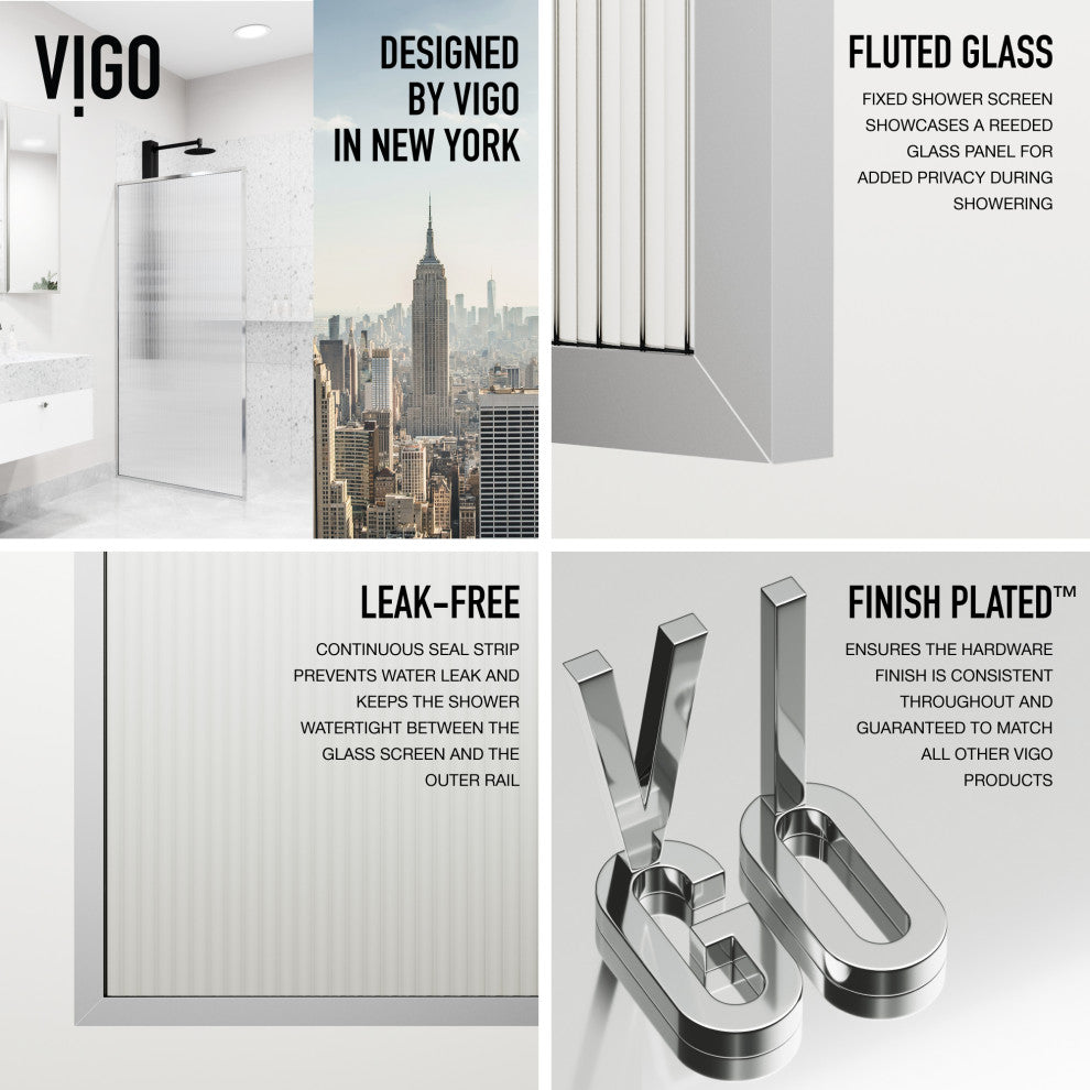 VIGO Meridian Framed Fixed, Chrome, Shower Screen, 34" W X 74" H, Fluted Glass