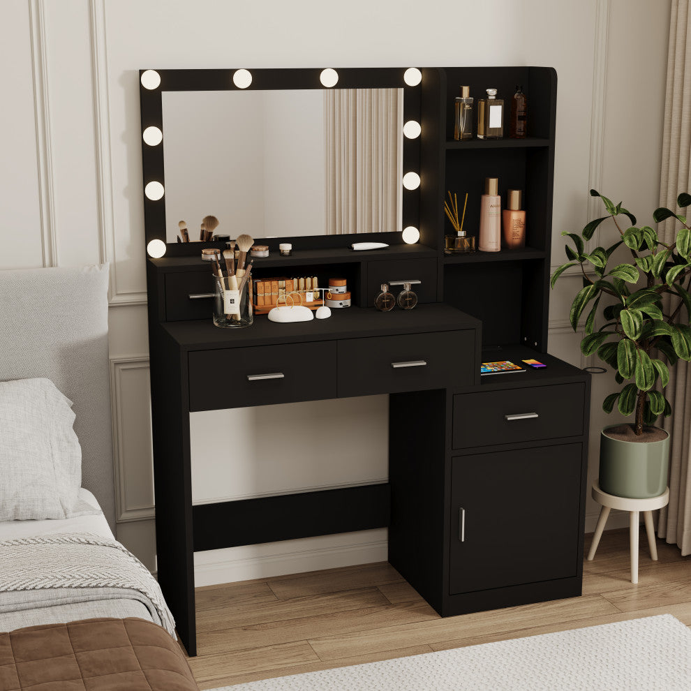 TATEUS Modern Makeup Vanity with 10 Light Modes and Ample Storage, Black White